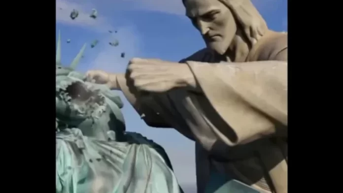 Em vídeo produzido pelo Irã, o Cristo Redentor nocauteia a Estátua da Liberdade.